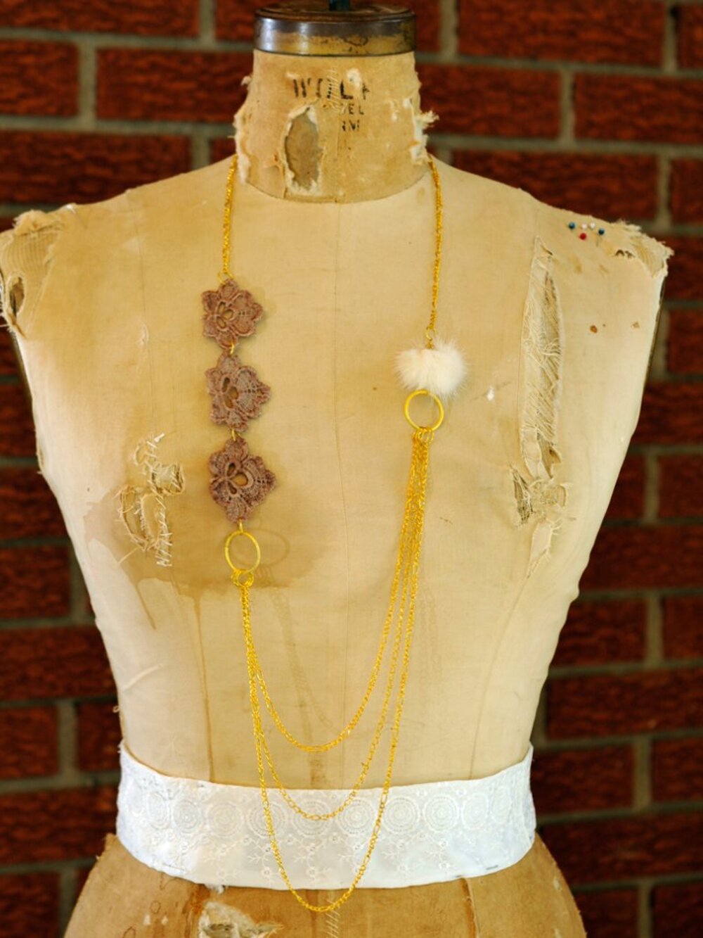 Handmade Asymmetric Lace Flower Necklace | White Fur Pompom | Gold-tone chain |